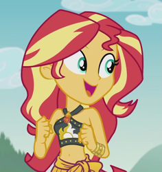 Size: 1021x1080 | Tagged: safe, screencap, character:sunset shimmer, episode:unsolved selfie mysteries, g4, my little pony:equestria girls, beautiful, belly button, bikini, bikini babe, bracelet, clothing, cropped, cute, female, geode of empathy, happy, jewelry, magical geodes, midriff, sarong, shimmerbetes, sleeveless, smiling, solo, swimsuit