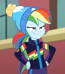 Size: 956x1080 | Tagged: safe, screencap, character:rainbow dash, equestria girls:holidays unwrapped, g4, my little pony:equestria girls, blizzard or bust, canterlot high, clothing, cropped, faec, female, hand on hip, jacket, outdoors, smiling, smirk, smug, smugdash, solo, toque, winter jacket, winter outfit
