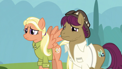 Size: 1920x1080 | Tagged: safe, screencap, character:mane allgood, character:snap shutter, species:earth pony, species:pegasus, species:pony, episode:the last crusade, g4, my little pony: friendship is magic, clothing, female, hat, male, mare, stallion