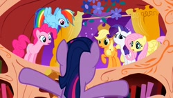 Size: 1280x720 | Tagged: safe, screencap, character:applejack, character:fluttershy, character:pinkie pie, character:rainbow dash, character:rarity, character:twilight sparkle, species:earth pony, species:pegasus, species:pony, species:unicorn, episode:the ticket master, g4, my little pony: friendship is magic, golden oaks library