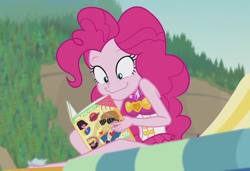 Size: 1456x994 | Tagged: safe, screencap, character:feather bangs, character:pinkie pie, episode:friendship math, g4, my little pony:equestria girls, beach, beach chair, clothing, cropped, cute, diapinkes, faec, female, geode of sugar bombs, magazine, magical geodes, male, outdoors, sleeveless, smiling, swimsuit