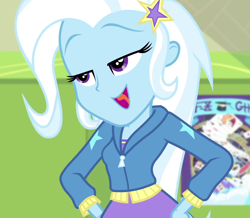 Size: 1238x1079 | Tagged: safe, screencap, character:trixie, equestria girls:forgotten friendship, g4, my little pony:equestria girls, barrette, canterlot high, clothing, cropped, female, hallway, hands on hip, hoodie, lidded eyes, lockers, open mouth, raised eyebrow, solo, trixie's poster