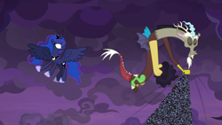 Size: 1920x1080 | Tagged: safe, screencap, character:discord, character:princess luna, species:pony, episode:the summer sun setback, g4, my little pony: friendship is magic, cloud, discord being discord, fourth wall, static, surprised, wide eyes