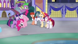 Size: 1920x1080 | Tagged: safe, screencap, character:cayenne, character:fire flare, character:pinkie pie, character:rarity, character:spike, character:twilight sparkle, character:twilight sparkle (alicorn), species:alicorn, species:dragon, species:pony, episode:the summer sun setback, g4, my little pony: friendship is magic, hot streak, night fire, tail, tail pull, winged spike
