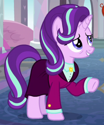 Size: 320x385 | Tagged: safe, screencap, character:starlight glimmer, species:pony, species:unicorn, episode:the last problem, g4, my little pony: friendship is magic, all is well, bags under eyes, clothing, cropped, grin, headmare starlight, older, older starlight glimmer, raised hoof, school of friendship, smiling, solo, suit