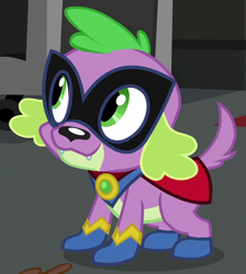 Size: 730x815 | Tagged: safe, screencap, character:humdrum, character:spike, character:spike (dog), species:dog, episode:power ponies, equestria girls:movie magic, g4, my little pony: friendship is magic, my little pony:equestria girls, clothing, costume, cropped, cute, solo, spikabetes