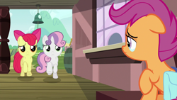 Size: 1280x720 | Tagged: safe, screencap, character:apple bloom, character:scootaloo, character:sweetie belle, species:earth pony, species:pegasus, species:pony, species:unicorn, episode:the last crusade, g4, my little pony: friendship is magic, crying, cutie mark crusaders, female, filly, floppy ears, raised hoof, sad, saddle bag