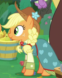 Size: 248x310 | Tagged: safe, screencap, character:applejack, character:discord, species:earth pony, species:pony, episode:the big mac question, g4, my little pony: friendship is magic, alternate hairstyle, braided pigtails, bridesmaid dress, clothing, cropped, dress, solo, solo focus