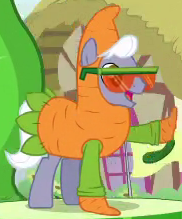 Size: 182x219 | Tagged: safe, screencap, character:royal riff, species:earth pony, species:pony, episode:one bad apple, g4, my little pony: friendship is magic, carrot, clothing, costume, cropped, food, plant costume