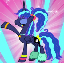 Size: 566x557 | Tagged: safe, screencap, character:princess luna, species:alicorn, species:pony, episode:between dark and dawn, g4, my little pony: friendship is magic, 80's luna, abstract background, alternate hairstyle, cropped, eyes closed, female, jewelry, mare, necklace, raised hoof, solo, sunburst background