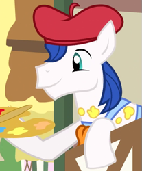 Size: 461x557 | Tagged: safe, screencap, species:earth pony, species:pony, episode:pinkie pride, g4, my little pony: friendship is magic, acrylic paint (character), beret, clothing, cropped, hat, male, solo, stallion