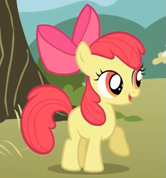 Size: 479x513 | Tagged: safe, screencap, character:apple bloom, species:earth pony, species:pony, episode:the show stoppers, g4, my little pony: friendship is magic, adorabloom, cropped, cute, female, filly, open mouth, open smile, raised hoof, smiling, solo, three quarter view