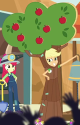 Size: 480x750 | Tagged: safe, screencap, character:apple bloom, character:applejack, episode:opening night, g4, my little pony:equestria girls, apple, apple sisters, apple tree, clothing, costume, cropped, female, opening night: applejack, siblings, sisters, tree
