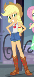 Size: 312x690 | Tagged: safe, screencap, character:applejack, character:fluttershy, episode:street chic, g4, my little pony:equestria girls, cropped, offscreen character, sleeveless, solo focus