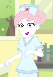 Size: 710x1032 | Tagged: safe, screencap, character:nurse redheart, equestria girls:forgotten friendship, g4, my little pony:equestria girls, clothing, cropped, faec, female, happy, hat, looking at you, nurse hat, scrubs, smiling