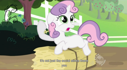 Size: 850x474 | Tagged: safe, screencap, character:sweetie belle, species:pony, species:unicorn, female, filly, floppy ears, prone, solo, youtube caption