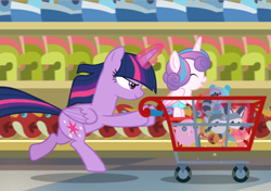 Size: 1336x938 | Tagged: safe, screencap, character:princess flurry heart, character:twilight sparkle, character:twilight sparkle (alicorn), species:alicorn, species:pony, episode:a flurry of emotions, g4, my little pony: friendship is magic, aunt and niece, cropped, determined, duo, glowing horn, horn, pushing, shopping cart, toy
