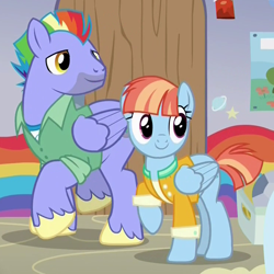 Size: 740x740 | Tagged: safe, screencap, character:bow hothoof, character:windy whistles, species:pegasus, species:pony, episode:parental glideance, g4, my little pony: friendship is magic, beard, beautiful, clothing, cropped, duo, facial hair, female, folded wings, husband and wife, male, mare, married couple, mohawk, rainbow dash's parents, smiling, stallion, unshorn fetlocks, wings