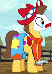 Size: 758x1070 | Tagged: safe, screencap, character:caramel, species:earth pony, species:pony, episode:appleoosa's most wanted, g4, my little pony: friendship is magic, caramel is awesome, clothing, clown, cropped, harmonica, hat, male, musical instrument, necktie, rodeo clown, stallion