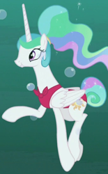 Size: 340x548 | Tagged: safe, screencap, character:princess celestia, species:alicorn, species:pony, episode:between dark and dawn, g4, my little pony: friendship is magic, alternate hairstyle, barehoof, bubble, clothing, cropped, cute, diving, female, folded wings, holding breath, mare, ponytail, smiling, solo, swimming, swimsuit, tail bun, underwater, wings