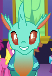 Size: 640x932 | Tagged: safe, screencap, species:changeling, species:reformed changeling, episode:celestial advice, g4, my little pony: friendship is magic, background changeling, cornicle, cropped, looking at you, smiling, solo focus