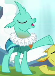Size: 422x580 | Tagged: safe, screencap, species:changeling, species:reformed changeling, episode:to change a changeling, g4, my little pony: friendship is magic, actor, cornicle, cropped, ruff (clothing), solo focus