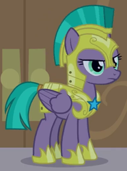 Size: 390x525 | Tagged: safe, screencap, character:queen chrysalis, character:vanguard cover, species:pegasus, species:pony, episode:the summer sun setback, g4, my little pony: friendship is magic, cropped, disguise, disguised changeling, female, guardsmare, hoof shoes, mare, royal guard, solo