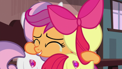 Size: 1920x1080 | Tagged: safe, screencap, character:apple bloom, character:scootaloo, character:sweetie belle, species:earth pony, species:pegasus, species:pony, species:unicorn, episode:the last crusade, g4, my little pony: friendship is magic, crying, cutie mark, cutie mark crusaders, female, filly, group hug, hug, tears of joy, the cmc's cutie marks