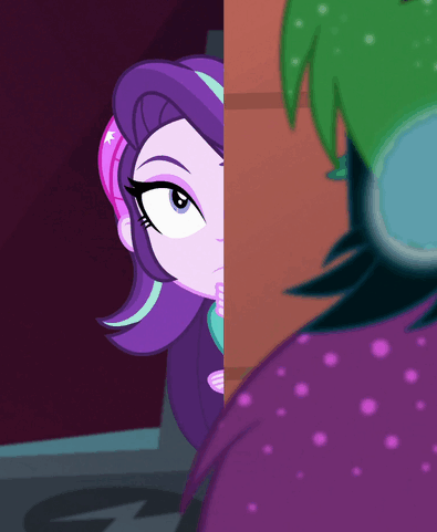 Size: 395x481 | Tagged: safe, screencap, character:juniper monstar, character:juniper montage, character:starlight glimmer, equestria girls:mirror magic, g4, my little pony:equestria girls, animated, beanie, clothing, cropped, gif, hat, hiding, juniper monstar