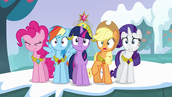 Size: 576x324 | Tagged: safe, screencap, character:applejack, character:pinkie pie, character:rainbow dash, character:rarity, character:twilight sparkle, episode:keep calm and flutter on, g4, my little pony: friendship is magic, animated, big crown thingy, element of generosity, element of honesty, element of laughter, element of loyalty, element of magic, reaction image