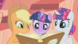 Size: 1280x720 | Tagged: safe, screencap, character:applejack, character:rarity, character:twilight sparkle, species:earth pony, species:pony, species:unicorn, episode:look before you sleep, g4, my little pony: friendship is magic, book, cute, female, golden oaks library, hair curlers, magic, mare, telekinesis, trio