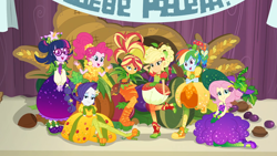 Size: 1920x1080 | Tagged: safe, screencap, character:applejack, character:fluttershy, character:pinkie pie, character:rainbow dash, character:rarity, character:sunset shimmer, character:twilight sparkle, character:twilight sparkle (scitwi), species:eqg human, equestria girls:holidays unwrapped, g4, my little pony:equestria girls, clothing, converse, cornucopia, cornucopia costumes, costume, dress, eggplant, female, food, fruit, group photo, humane five, humane seven, humane six, inflatable, inflatable dress, o come all ye squashful, shoes
