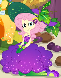 Size: 453x572 | Tagged: safe, screencap, character:fluttershy, character:rainbow dash, equestria girls:holidays unwrapped, g4, my little pony:equestria girls, beautiful, belt, clothing, cornucopia costumes, costume, cropped, cute, dress, female, food, geode of fauna, gloves, grapes, hairclip, hat, high heels, jewelry, leaf, leggings, looking at you, looking up at you, magical geodes, necklace, o come all ye squashful, shoes, shyabetes, sitting, sleeveless, smiling, stage