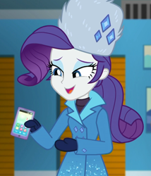 Size: 926x1080 | Tagged: safe, screencap, character:rarity, equestria girls:holidays unwrapped, g4, my little pony:equestria girls, beautiful, cellphone, clothing, coat, cropped, cute, female, hat, lidded eyes, mittens, phone, raribetes, rarity's winter hat, self-storage facility, smartphone, smiling, solo, sweater, turtleneck, winter coat, winter hat, winter outfit