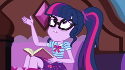 Size: 1920x1080 | Tagged: safe, screencap, character:twilight sparkle, character:twilight sparkle (scitwi), species:eqg human, equestria girls:holidays unwrapped, g4, my little pony:equestria girls, bags under eyes, blizzard or bust, book, bow tie, clothing, exhausted, female, geode of telekinesis, glasses, legs, lip bite, magical geodes, miniskirt, pillow, ponytail, skirt, solo, studying, textbook, tired