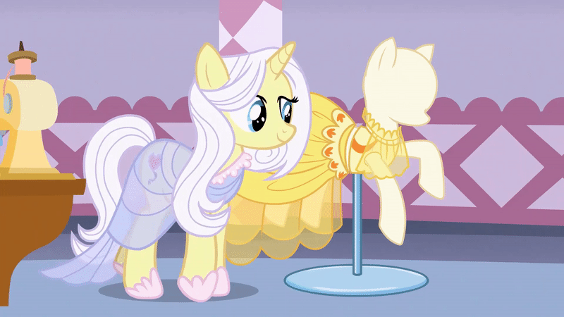 Size: 800x450 | Tagged: safe, screencap, character:lily lace, species:pony, species:unicorn, episode:honest apple, g4, my little pony: friendship is magic, animated, carousel boutique, clothing, dress, gif, hoof shoes, mannequin, raised hoof, solo