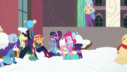 Size: 1920x1080 | Tagged: safe, screencap, character:applejack, character:fluttershy, character:pinkie pie, character:princess celestia, character:principal celestia, character:rainbow dash, character:rarity, character:sunset shimmer, character:twilight sparkle, character:twilight sparkle (scitwi), species:eqg human, equestria girls:holidays unwrapped, g4, my little pony:equestria girls, angry, blizzard or bust, boots, canterlot high, caught, celestia is not amused, clothing, earmuffs, fake snow, female, fluttershy's winter hat, food, hat, humane five, humane seven, humane six, imminent detention, jacket, looking through the window, mashed potato snowman, mashed potatoes, oh crap face, outdoors, potato, rarity's winter hat, shoes, this will end in detention, toque, unamused, winter hat, winter outfit