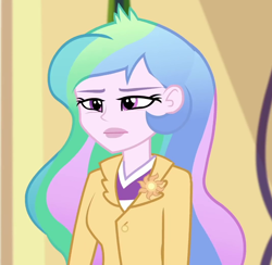 Size: 1070x1045 | Tagged: safe, screencap, character:princess celestia, character:principal celestia, equestria girls:holidays unwrapped, g4, my little pony:equestria girls, blazer, blizzard or bust, canterlot high, celestia is not amused, celestia's office, cropped, cutie mark accessory, disappointed, female, solo, unamused