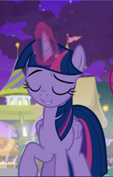 Size: 599x941 | Tagged: safe, screencap, character:twilight sparkle, character:twilight sparkle (alicorn), species:alicorn, species:pony, episode:the summer sun setback, g4, my little pony: friendship is magic, cropped, eyes closed, glowing horn, horn, raised eyebrow, raised hoof, smiling, smirk, smug, solo