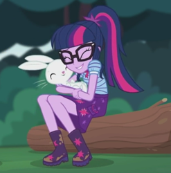 Size: 338x342 | Tagged: safe, screencap, character:angel bunny, character:twilight sparkle, character:twilight sparkle (scitwi), species:eqg human, episode:stressed in show, g4, my little pony:equestria girls, angelbetes, boots, choose your own ending (season 1), clothing, cropped, cute, eyes closed, glasses, log, mud, ponytail, shoes, skirt, stressed in show: fluttershy, twiabetes