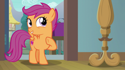 Size: 1920x1080 | Tagged: safe, screencap, character:scootaloo, species:pegasus, species:pony, episode:the last crusade, g4, my little pony: friendship is magic, cutie mark, female, filly, raised hoof, solo, the cmc's cutie marks