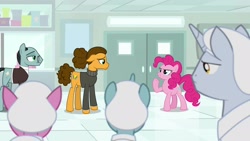 Size: 1920x1080 | Tagged: safe, screencap, character:cheese sandwich, character:pinkie pie, character:sans smirk, species:pony, episode:the last laugh, g4, my little pony: friendship is magic, alternate hairstyle, clothing, factory, gag factory, lab coat, lavender flask, male, platinum cure, sad, stallion, sweater, turtleneck