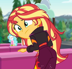 Size: 842x813 | Tagged: safe, screencap, character:paisley, character:sunset shimmer, equestria girls:sunset's backstage pass, g4, my little pony:equestria girls, ass, barrier, bent over, bunset shimmer, butt, clothing, cropped, female, jacket, music festival outfit, outdoors, solo