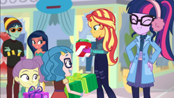 Size: 1920x1080 | Tagged: safe, screencap, character:desert sage, character:sunset shimmer, character:twilight sparkle, character:twilight sparkle (scitwi), species:eqg human, equestria girls:holidays unwrapped, g4, my little pony:equestria girls, canterlot mall, child, children, clothing, cute, desert sage, earmuffs, female, gift giving, gift wrapped, glasses, jacket, lily pad (equestria girls), male, present, shimmerbetes, smiling, technicolor waves, twiabetes, waldo whereabout, winter break-in, winter outfit