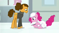 Size: 1920x1080 | Tagged: safe, screencap, character:cheese sandwich, character:pinkie pie, species:pony, episode:the last laugh, g4, my little pony: friendship is magic, alternate hairstyle, clothing, hard hat, hat, lab coat, pencil, sweater, turtleneck