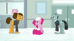 Size: 1920x1080 | Tagged: safe, screencap, character:cheese sandwich, character:pinkie pie, character:sans smirk, species:pony, episode:the last laugh, g4, my little pony: friendship is magic, alternate hairstyle, clothing, hard hat, hat, lab coat, sweater, turtleneck