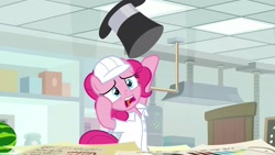 Size: 1920x1080 | Tagged: safe, screencap, character:pinkie pie, species:pony, episode:the last laugh, g4, my little pony: friendship is magic, clothing, hard hat, hat, lab coat, solo, top hat