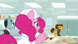 Size: 1920x1080 | Tagged: safe, screencap, character:cheese sandwich, character:pinkie pie, character:sans smirk, species:pony, episode:the last laugh, g4, my little pony: friendship is magic, alternate hairstyle, clothing, hard hat, hat, lab coat, paper, sweater, turtleneck