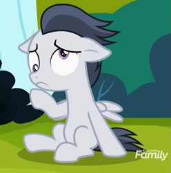 Size: 577x581 | Tagged: safe, screencap, character:rumble, species:pegasus, species:pony, episode:marks and recreation, g4, my little pony: friendship is magic, colt, cropped, derp, discovery family logo, dizzy, dizzy eyes, male, sitting, solo