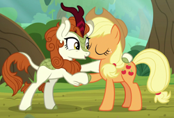 Size: 990x675 | Tagged: safe, screencap, character:applejack, character:autumn blaze, species:earth pony, species:kirin, species:pony, episode:sounds of silence, g4, my little pony: friendship is magic, cropped, female, mare